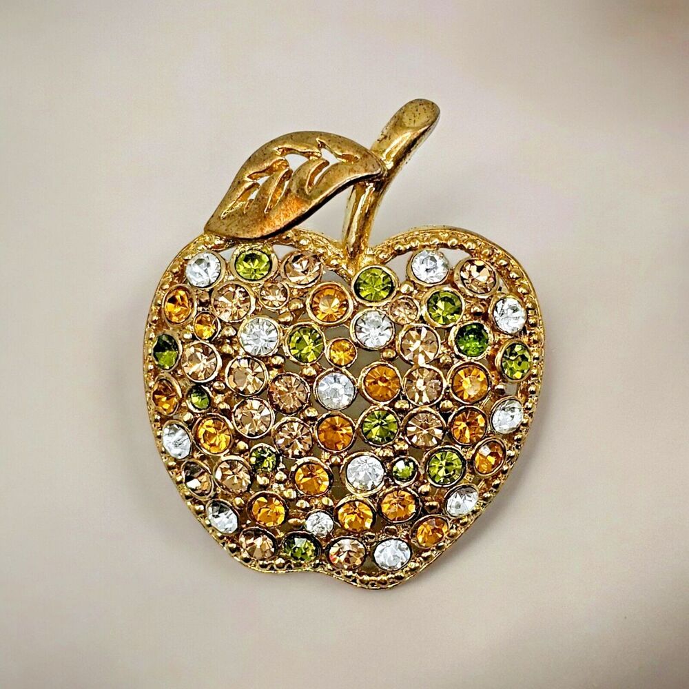 Jeweled Apple Brooch Teacher Gift School Green Gold Champagne Rhinestone Pin